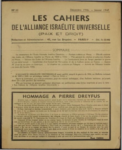 Les Cahiers de l'Alliance Israélite Universelle (Paix et Droit).  N°11 (01 déc. 1946)